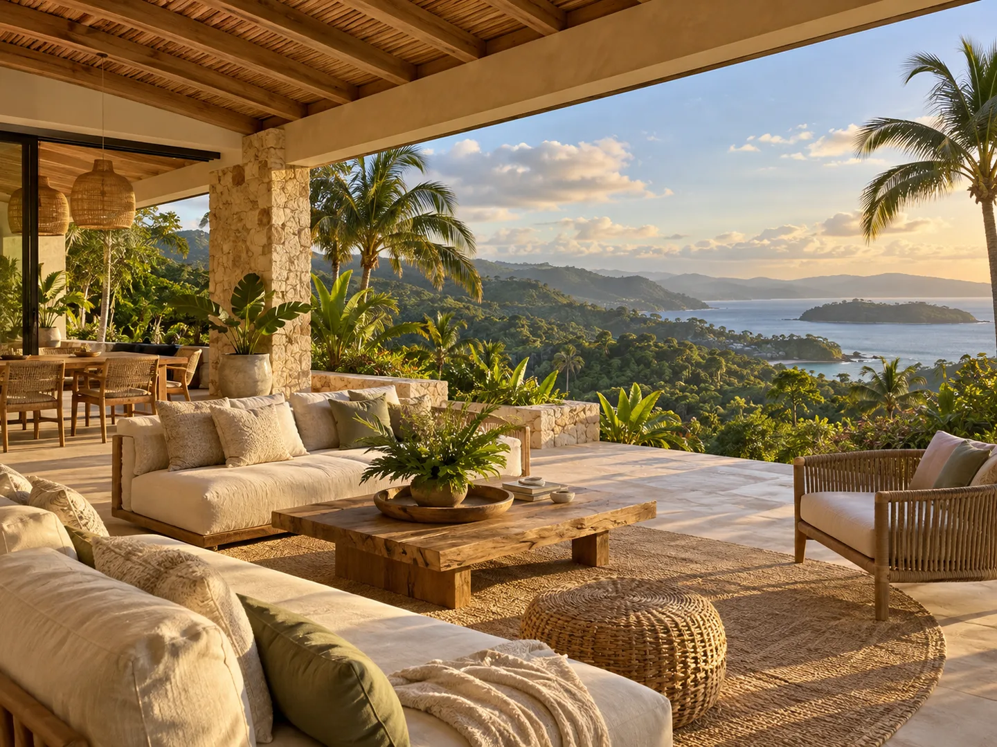 Ilustração de uma casa tropical contemporânea com vista para a paisagem verde da costa de Samaná