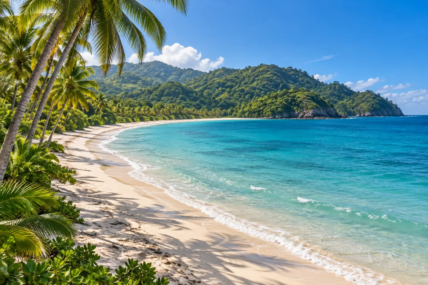 Bahía de arena bordeada de palmeras, colinas verdes junto a la costa y agua turquesa; escena ilustrativa