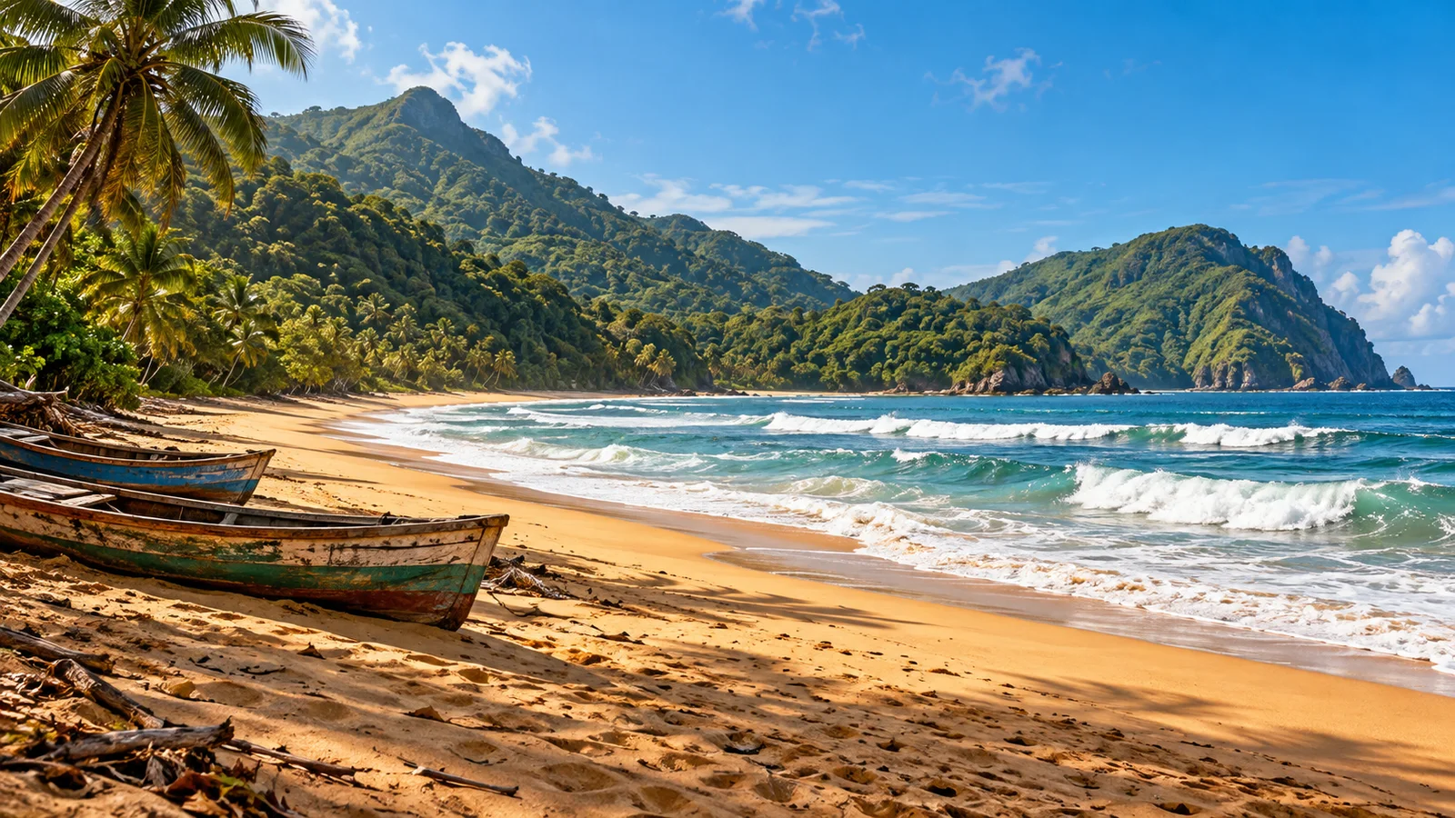 Illustrative mountain-framed tropical beach with fishing canoes and Atlantic surf
