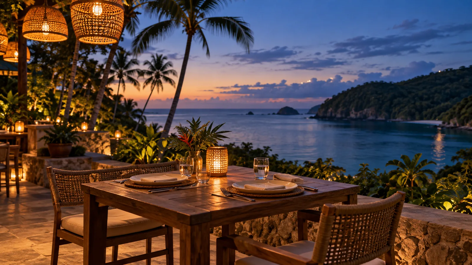 Une terrasse éclairée d’une lumière chaude sur une côte tropicale à la tombée du jour