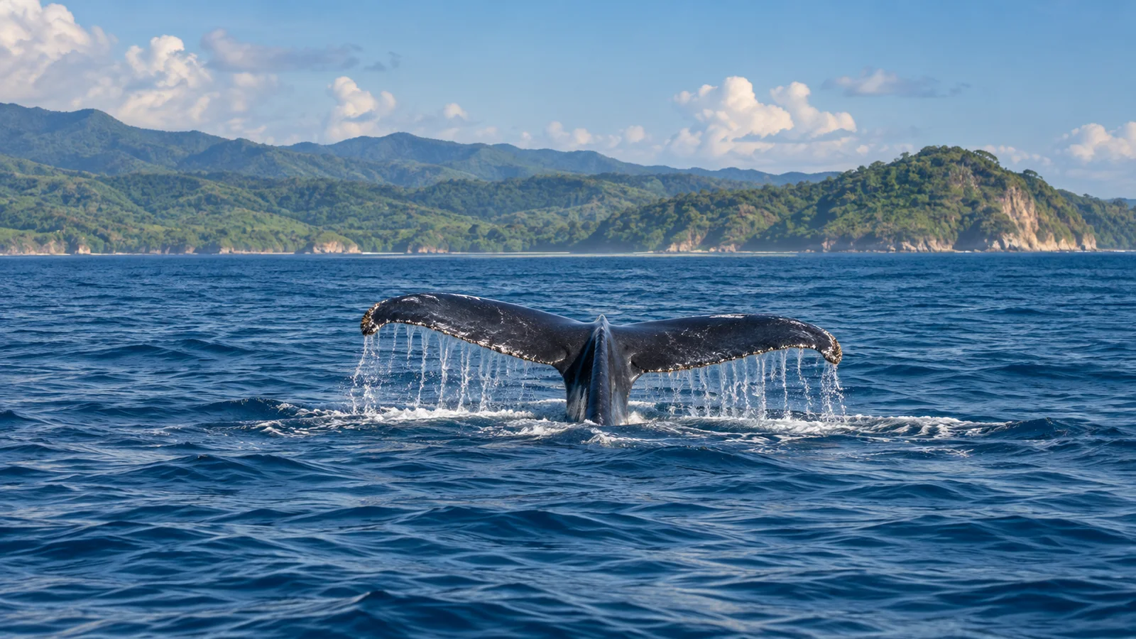 Illustration du dos et de la nageoire caudale d’une baleine à bosse émergeant de la mer, avec des collines vertes au loin