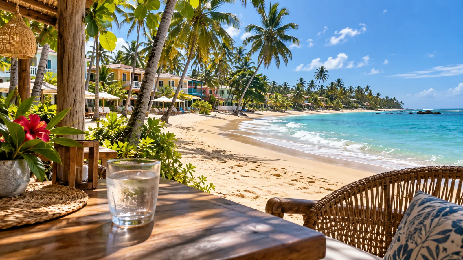 Ilustração de uma mesa à sombra junto ao mar, com vista para uma praia arenosa com palmeiras e edifícios costeiros baixos e coloridos