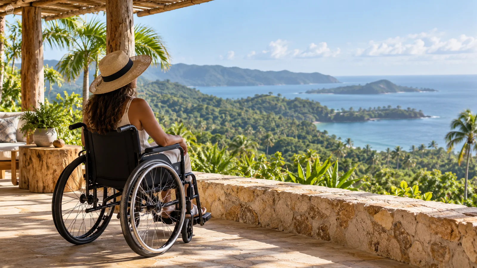 Illustrative traveler using a wheelchair on a shaded coastal terrace overlooking green hills and the sea