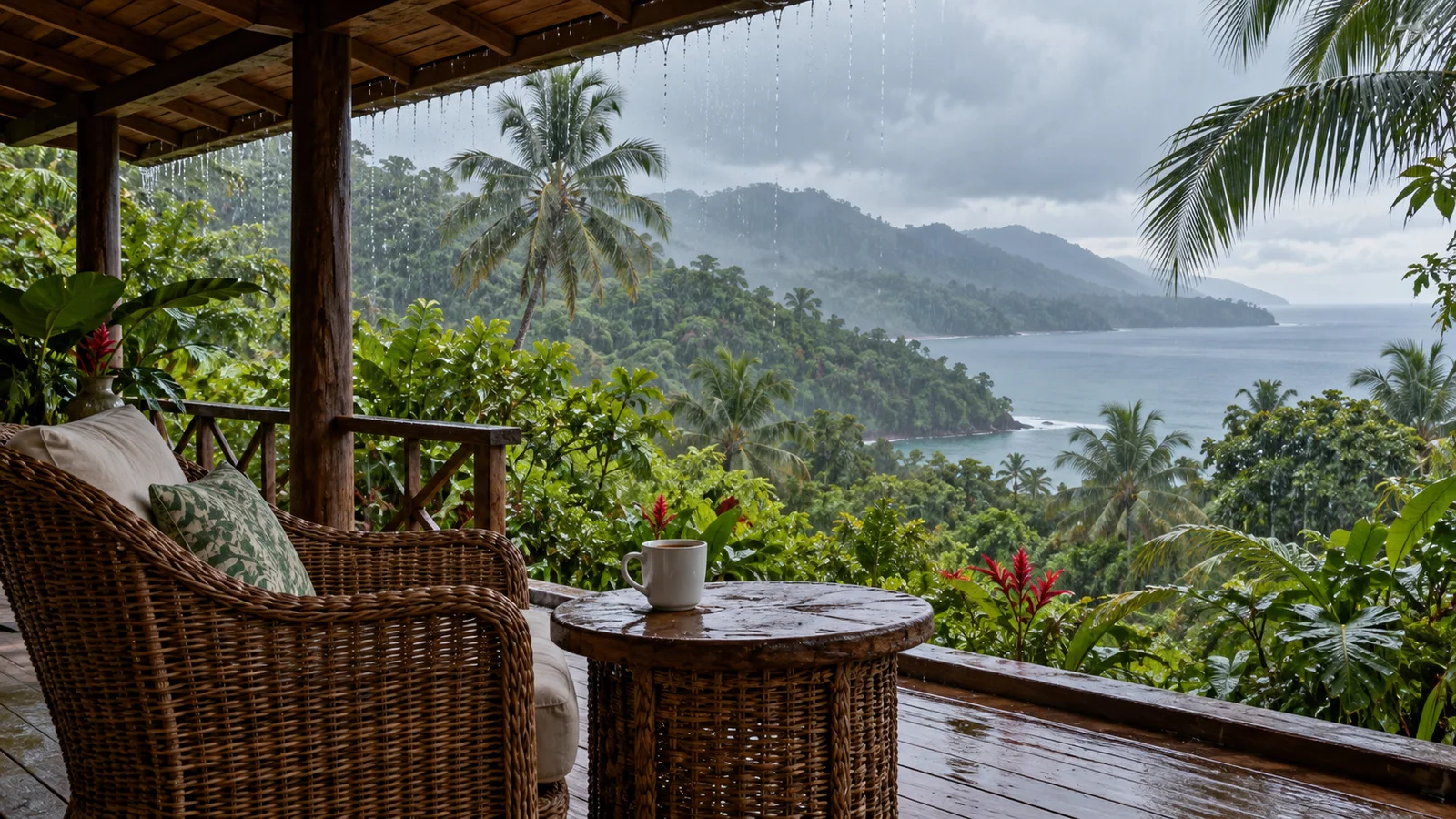 Eine überdachte Terrasse mit Blick auf tropische Vegetation und eine regnerische Küste
