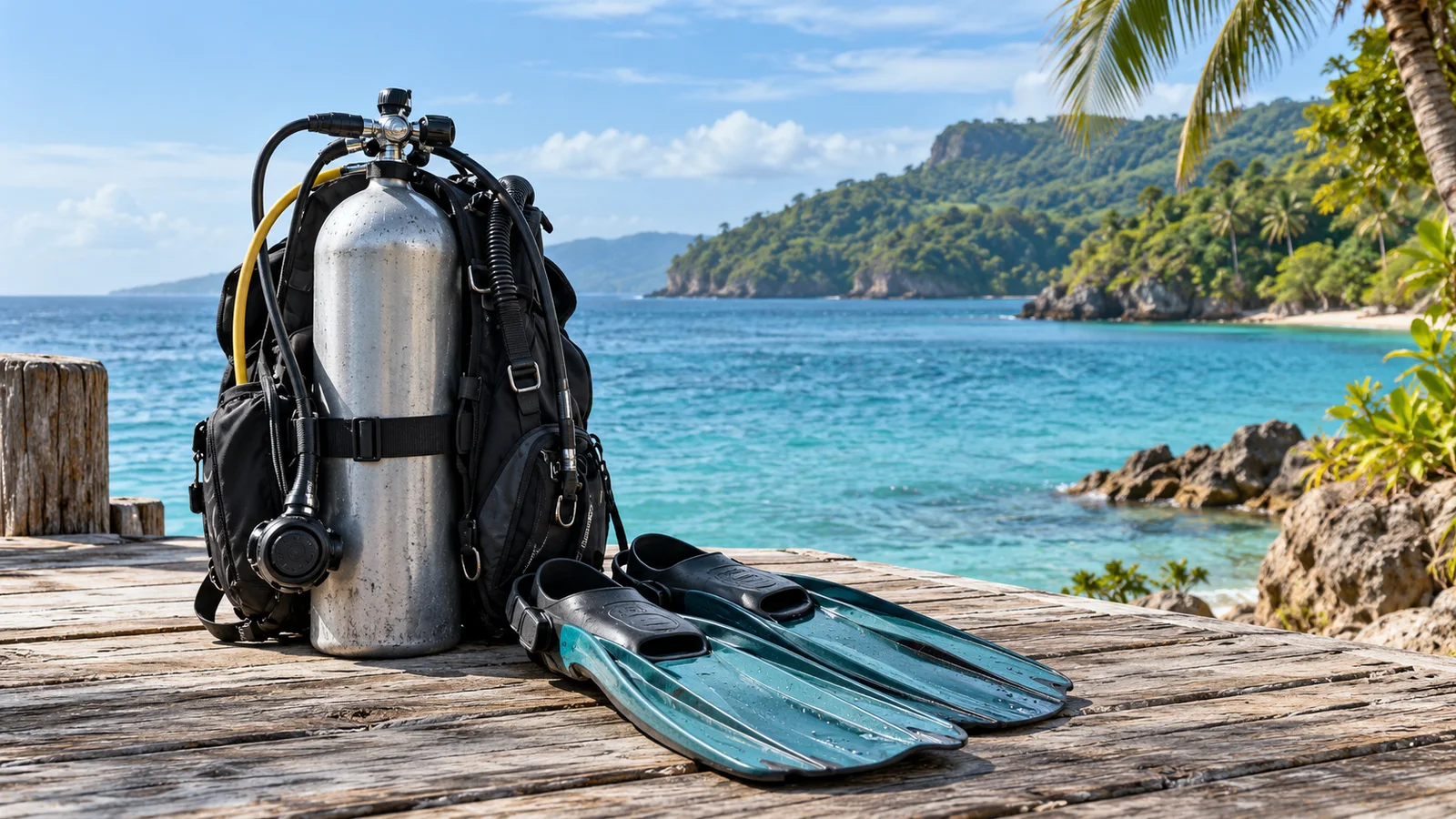 Scuba equipment and fins on a wooden jetty beside a tropical coast
