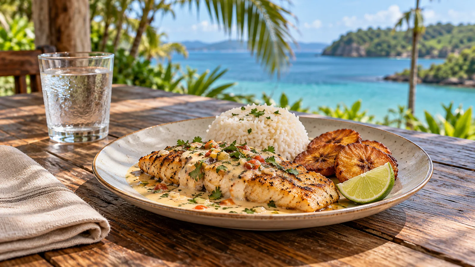 Illustrative fish in coconut sauce with rice and plantains on a shaded tropical table