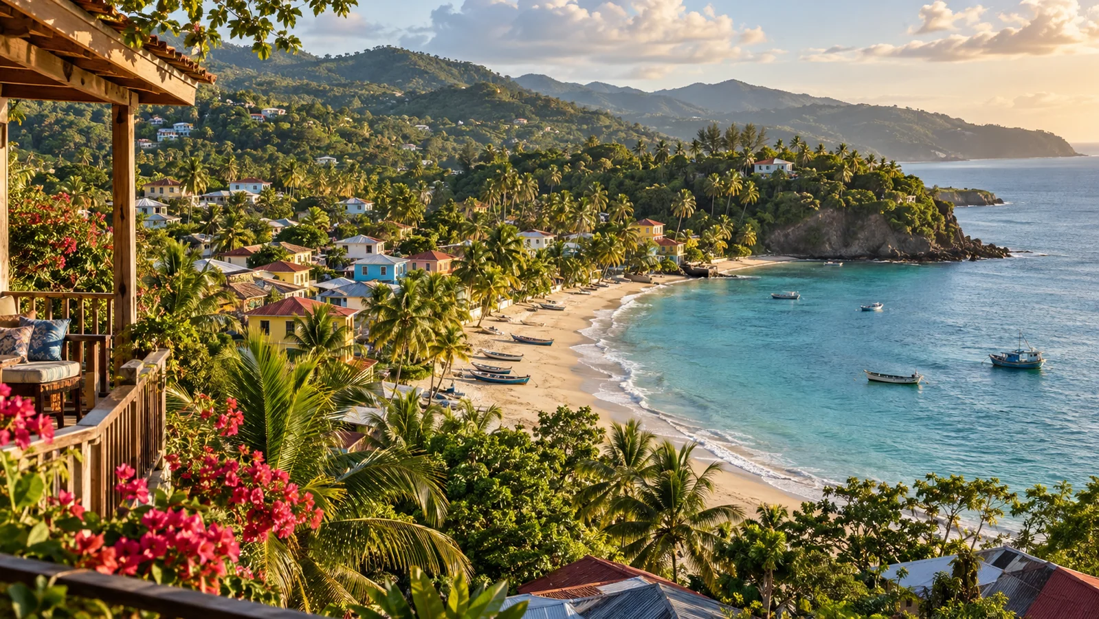 Palm-lined coastal village with a sandy shoreline, fishing boats and green hills